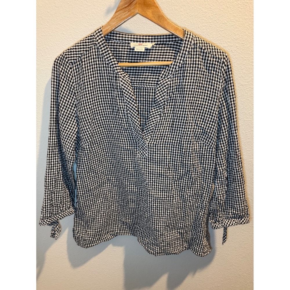 Vineyard Vines Navy Gingham Cotton Tie Sleeve Split Neck Blouse Top Medium